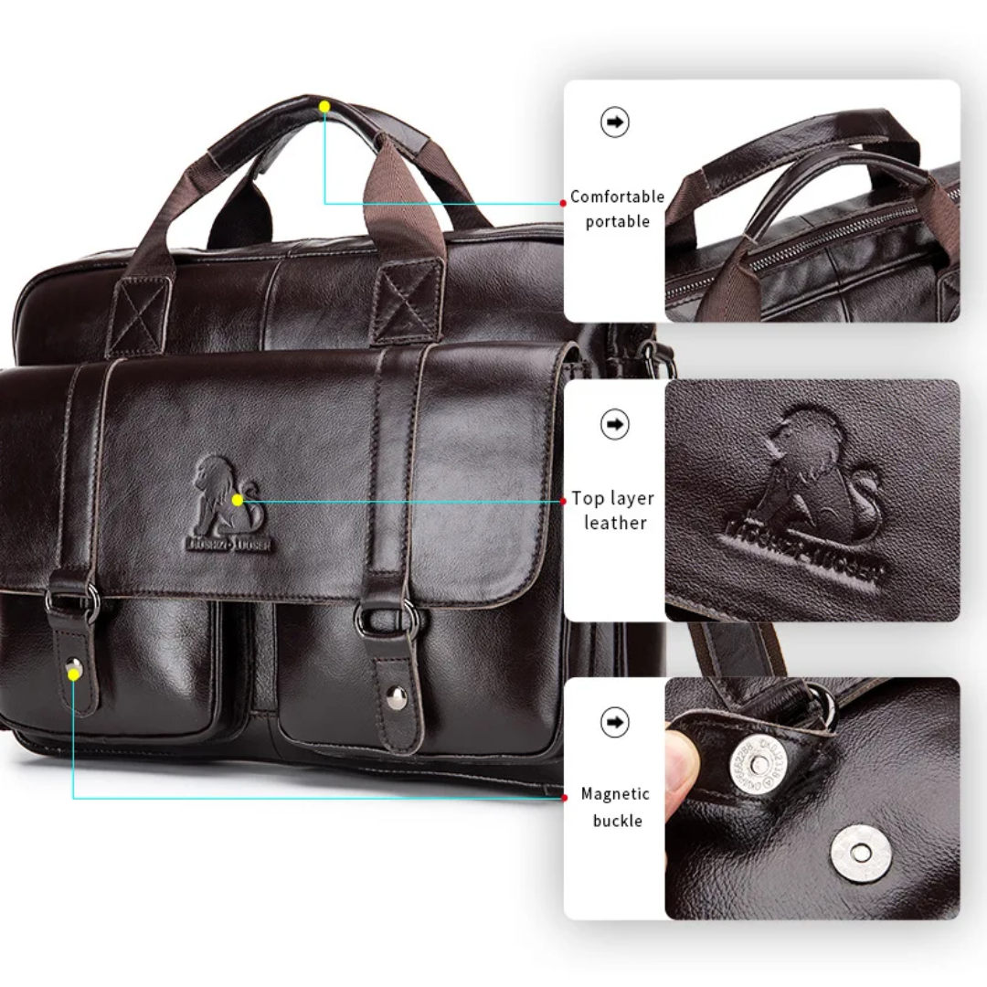 Sterling | Polished Leather Briefcase with Front Buckle Pockets